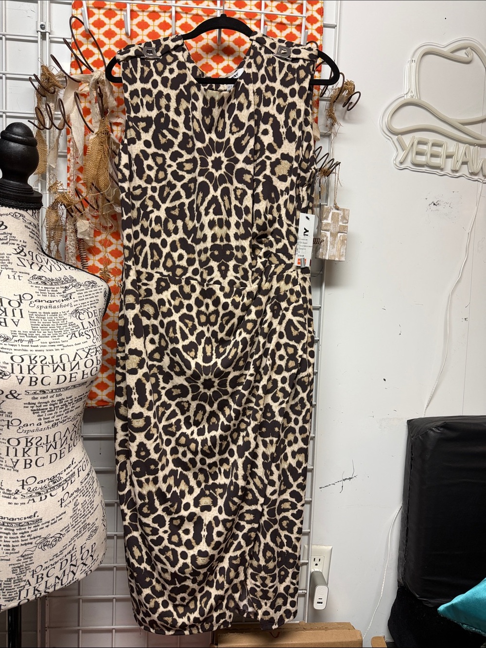 DKNY Beige and Black Leopard-Print Sleeveless Midi